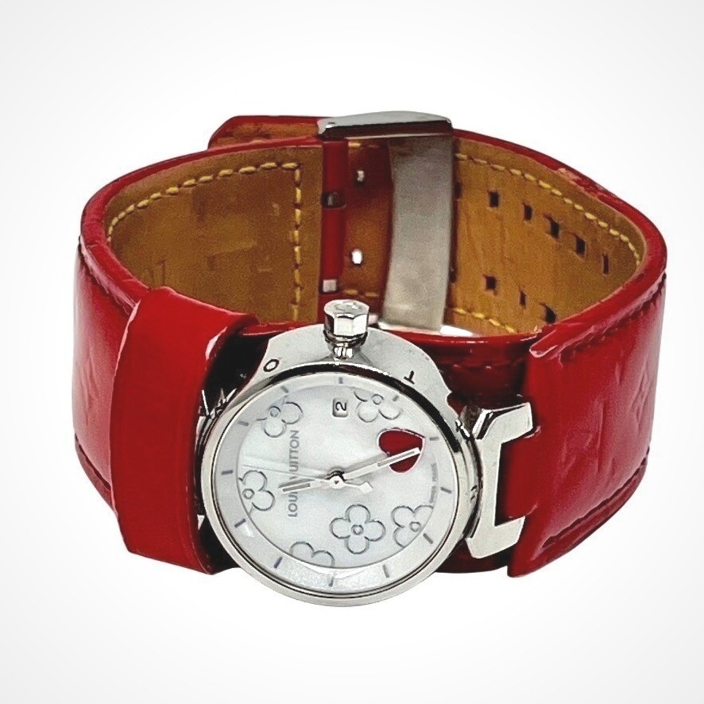 Louis Vuitton Tambour Pomme d Amour Watch Red Monogram Vernis Leather Q1216 - Picture 2 of 5